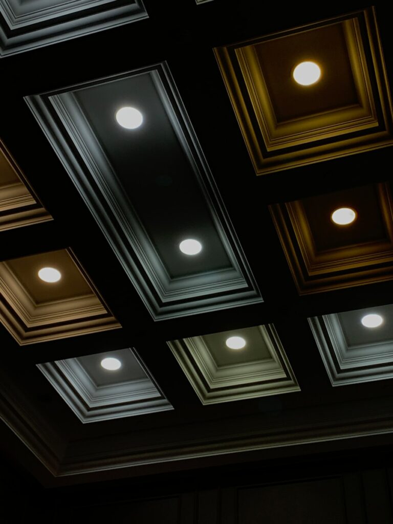 a group of lights that are on a ceiling